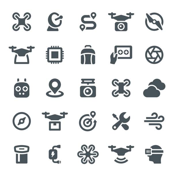 Drone Icons Drone, copter, propeller, quadcopter, icon, icons, flying, air vehicle drone icons stock illustrations