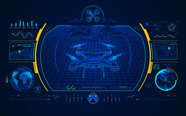 drone interface concept of drone technology, graphic of quadrocopter control interface drone symbols stock illustrations