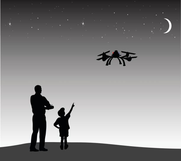 Drone Night Flight A vector silhouette illustration of an adult man and his young son playing with a remote controlled flying drone in a field against a dark grey night sky with stars and a crescent moon. drone silhouettes stock illustrations