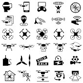 Single color isolated icons of drones and drone accessories