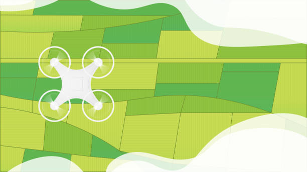 Drone robot fly above agricultural field. Drone robot fly above agricultural field. Quadcopter top view. Agriculture technology, using innovations in agriculture concept. Copter among clouds and above green field. Vector illustration drone patterns stock illustrations