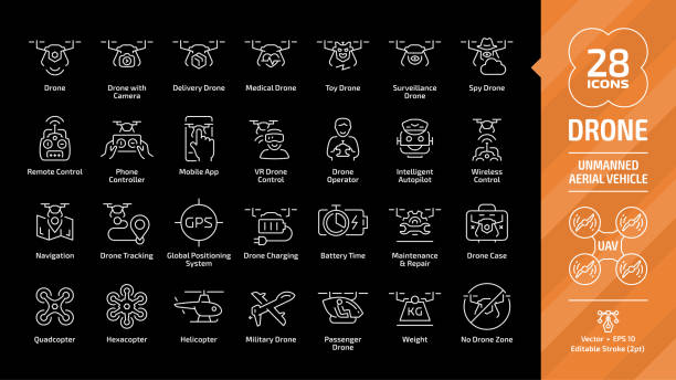 Drone unmanned aerial vehicle editable stroke outline icon set on a black background with UAV digital technology, camera, delivery, medical, toy, surveillance and spy aircraft robots line pictogram. Drone unmanned aerial vehicle editable stroke outline icon set on a black background with UAV digital technology, camera, delivery, medical, toy, surveillance and spy aircraft robots line pictogram. drone icons stock illustrations