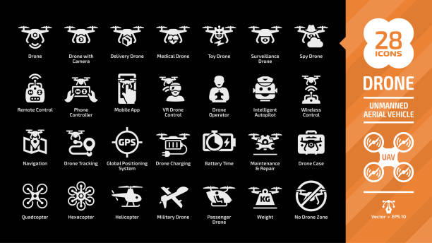 Drone unmanned aerial vehicle glyph icon set on a black background with UAV digital technology, sky camera, delivery, medical, toy, surveillance and spy copters silhouette symbols. Drone unmanned aerial vehicle glyph icon set on a black background with UAV digital technology, sky camera, delivery, medical, toy, surveillance and spy copters silhouette symbols. drone icons stock illustrations