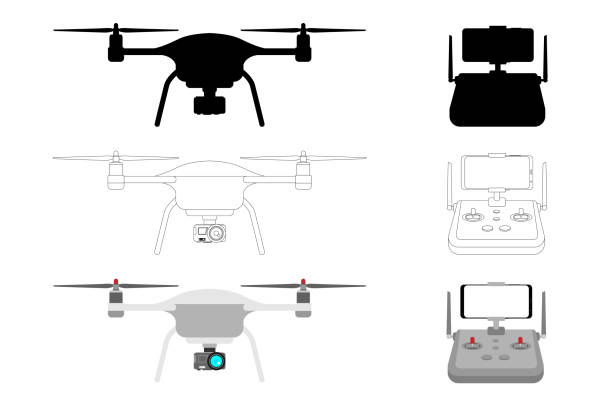 Drone - vector silhouette illustration isolated on white background Drone with a camera - modern equipment for photography, video shooting, video surveillance, telepresence, entertainment. Technologies of the future. Vector illustration, silhouette front and top view. drone silhouettes stock illustrations