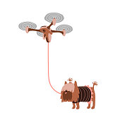 Drone walks a pet on a leash during quarantine, modern technology. Color vector illustration isolated on a white background in a flat design & cartoon style.