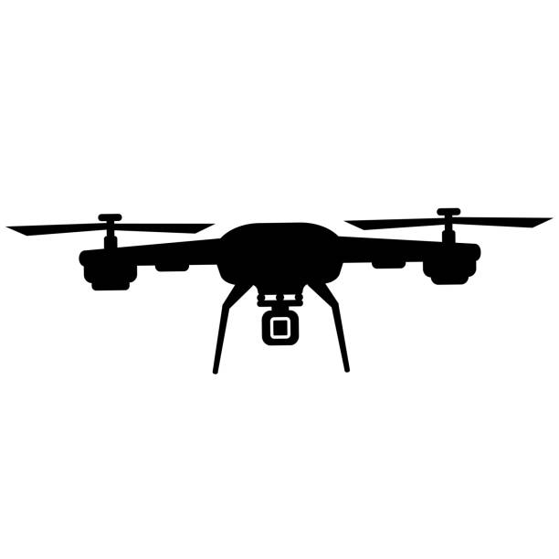 Drone with camera. Vector black-white silhouette icon. Drone with camera. Vector black-white silhouette icon. drone silhouettes stock illustrations