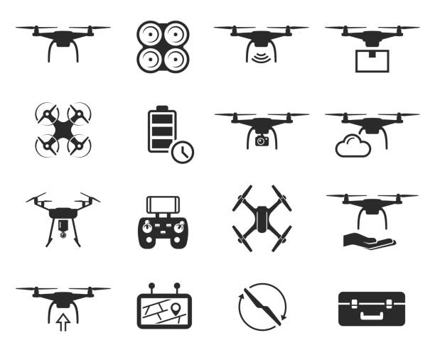 Drones black icon set, helicopter technology and aircraft Drones black icon set, helicopter technology and aircraft. Vector flat style cartoon illustration isolated on white background drone stock illustrations