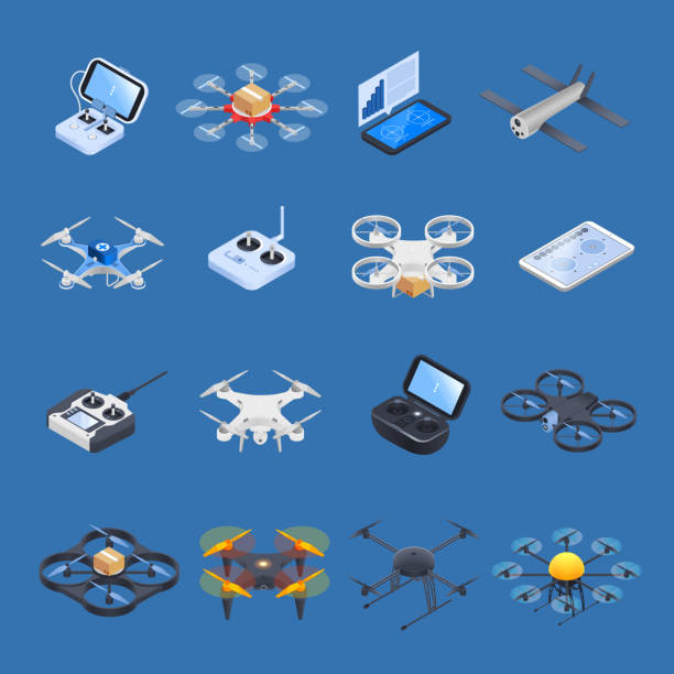 drones isometric icons Drones isometric icons with unmanned aircrafts of different purposes, uav controllers on blue background isolated vector illustration drone stock illustrations