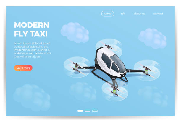 drones quadrocopters isometric composition Quadrocopter drone passenger carrying device service isometric composition web page design with modern flying taxi vector illustration drone backgrounds stock illustrations