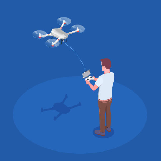 drones quadrocopters isometric set Man piloting quadcopter drone with hand held transmitter remote controlling flight isometric composition blue background vector illustration drone backgrounds stock illustrations