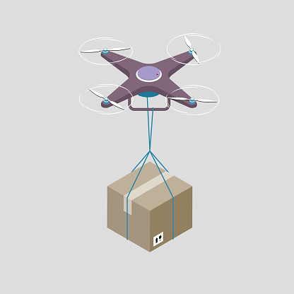 Drones transport goods. The background is gray.