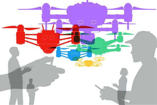 Drones Colourful overlapping silhouettes of drones and operators drone silhouettes stock illustrations