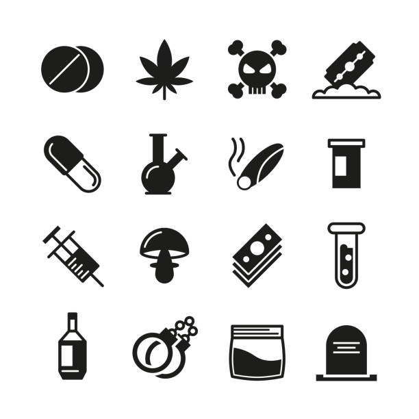 Drugs black vector icons set Drugs black vector icons set. Addiction narcotic, marijuana and syringe, mushroom and cocaine illustration alcohol drink silhouettes stock illustrations