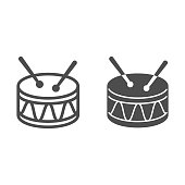 istock Drum line and solid icon, Kids toys concept, Drum toy sign on white background, Snare Drum icon in outline style for mobile concept and web design. Vector graphics. 1255827752