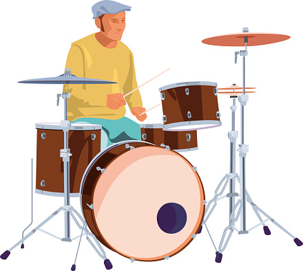 Drummer playing in summer flashy clothing