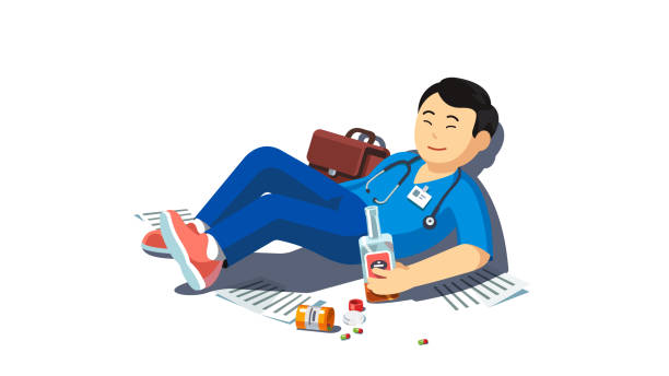 ilustrações de stock, clip art, desenhos animados e ícones de drunk asian medical worker lying on floor with whiskey alcohol bottle smiling after party celebration. exhausted doctor worker drinking. addicted alcoholic. flat vector addict character illustration - doctor wall