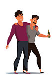 Drunk male flat vector characters. Guy holding bottle with beer isolated on white background. Friends walking, going from pub, bar. Cartoon men drinking alcohol design element