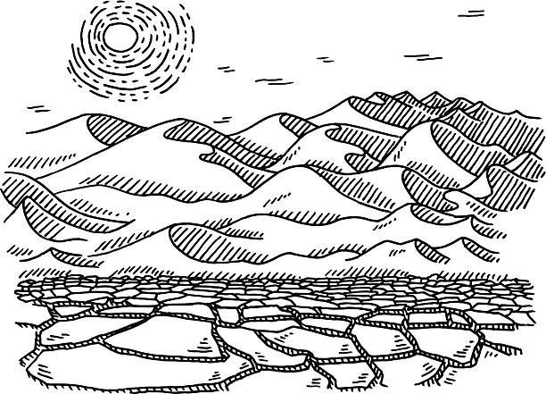 Dry Desert Landscape Sun Drawing Hand-drawn vector drawing of a Dry Desert Landscape, hot and sunny. Black-and-White sketch on a transparent background (.eps-file). Included files are EPS (v10) and Hi-Res JPG. desert area clipart stock illustrations