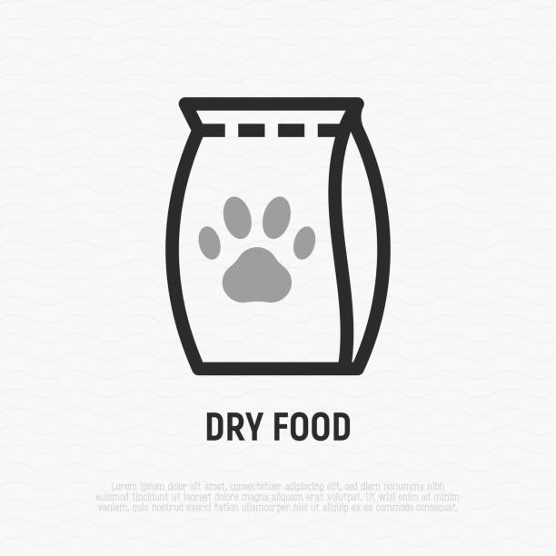 ilustrações, clipart, desenhos animados e ícones de pacote de alimentos secos com ícone de linha fina da pata. ilustração vetorial moderna para pet shop. - ração