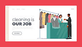 istock Dry Laundry Cleaning Service Landing Page Template. Female Character Professional Worker Giving to Client Clean Clothes 1338513348