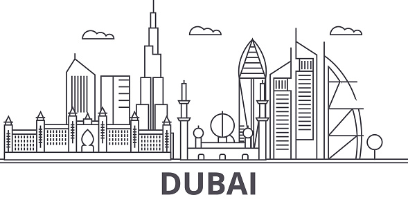 Dubai architecture line skyline illustration. Linear vector cityscape with famous landmarks, city sights, design icons. Landscape wtih editable strokes