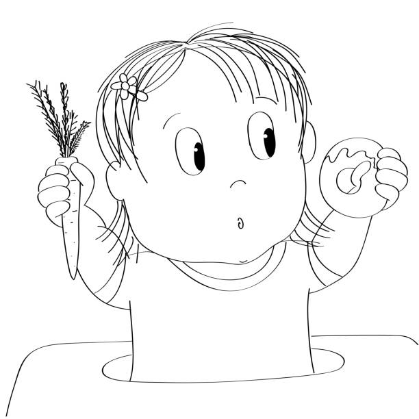 Dubious little baby girl thinking of food, trying to decide what to eat - whether healthy or unhealthy food - original hand drawn cartoon illustration  big fat girl drawing stock illustrations