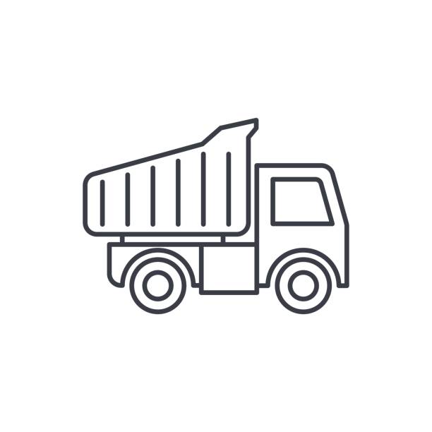 illustrazioni stock, clip art, cartoni animati e icone di tendenza di dump truck sottile linea icona. simbolo vettoriale lineare - scarico auto