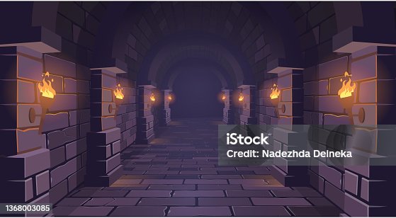 istock Dungeon. Long medieval castle corridor with torches. Interior of ancient Palace with stone arch. Vector illustration. 1368003085