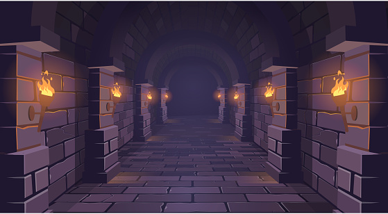 Dungeon. Long medieval castle corridor with torches. Interior of ancient Palace with stone arch. Vector illustration.