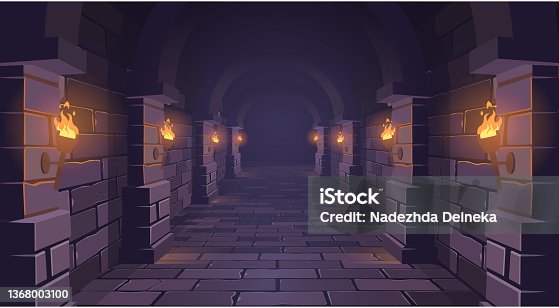 istock Dungeon. Long medieval castle corridor with torches. Interior of ancient Palace with stone arch. Vector illustration. 1368003100