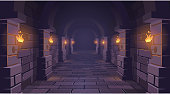 istock Dungeon. Long medieval castle corridor with torches. Interior of ancient Palace with stone arch. Vector illustration. 1368003100