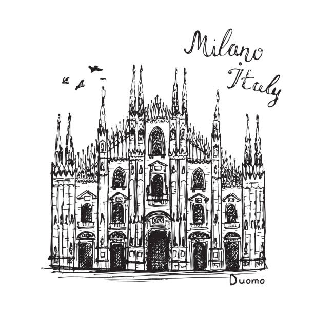 ilustrações, clipart, desenhos animados e ícones de catedral do domo no esboço de milão - milan