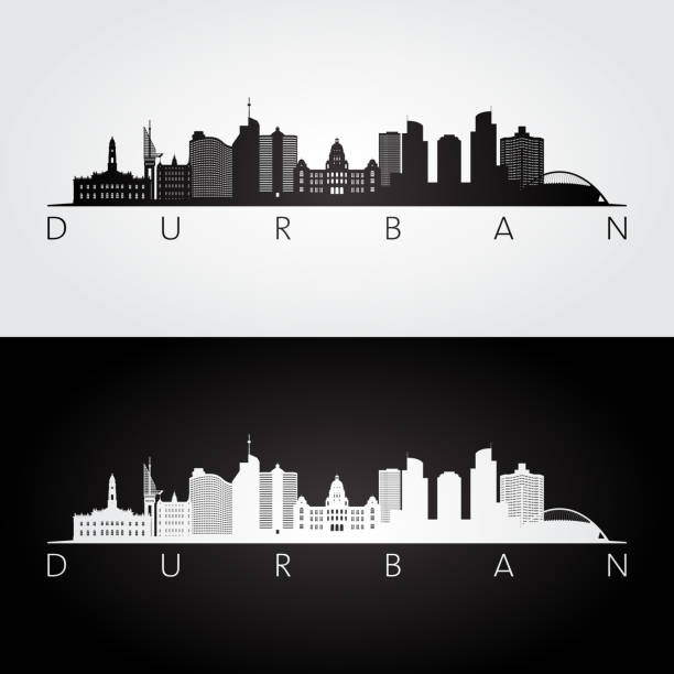 Durban skyline and landmarks silhouette, black and white design, vector illustration. Durban skyline and landmarks silhouette, black and white design, vector illustration. durban stock illustrations