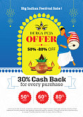 Durga Puja Festival Offer Poster Design Layout Template A4 Size Vector Illustration