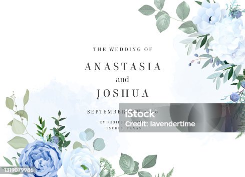 istock Dusty blue rose, white hydrangea, ranunculus, anemone, eucalyptus vector design frame 1319079986