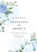 istock Dusty blue rose, white hydrangea, ranunculus, anemone, eucalyptus vector design frame 1323714121