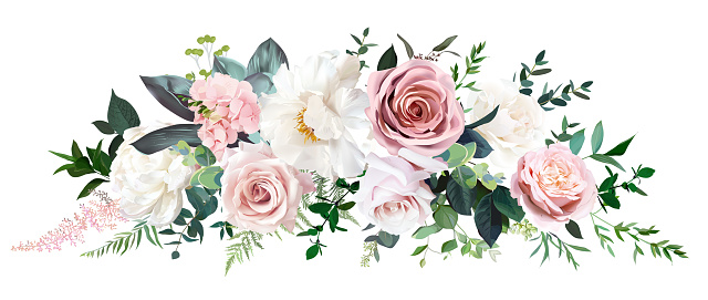 Dusty pink and cream rose, peony, hydrangea flower, tropical leaves vector garland wedding bouquet.Eucalyptus, greenery.Floral pastel watercolor style.Spring bouquet.Elements are isolated and editable