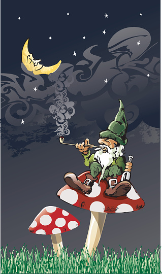 dwarf smoking and drinking sitting on a mushroom