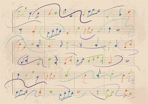 Dynamic Musical Score Vector illustration of a Dynamic Musical Score multicolored sketchs on it. writing activity backgrounds stock illustrations