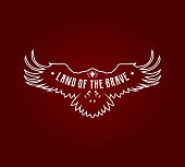 Eagle outline silhouette with spread wings - vector bird of prey emblem on red background with replaceable text part