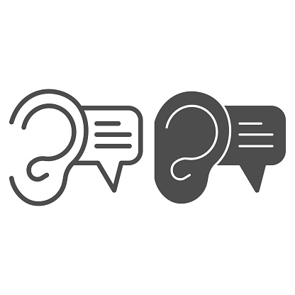 Ear and dialogue line and solid icon. Ear listening with text bubble symbol, outline style pictogram on white background. Audio advertising sign for mobile concept and web design. Vector graphics