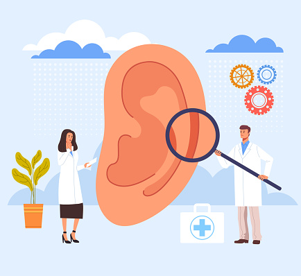 Ear examination ill searching in doctor office. Vector graphic design illustration