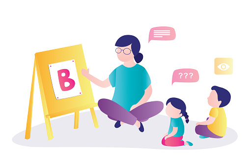 Early Childhood Education Courses Preschool Games Woman Teacher And Group  Of Preschoolers Learning Stock Illustration - Download Image Now - iStock