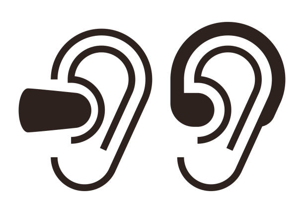 затычки для ушей и знак слухового аппарата - hearing aid stock illustrations