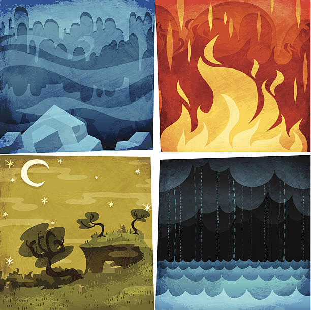 Earth, Air, Fire, Water Air is cold. Fire is hot. storm backgrounds stock illustrations