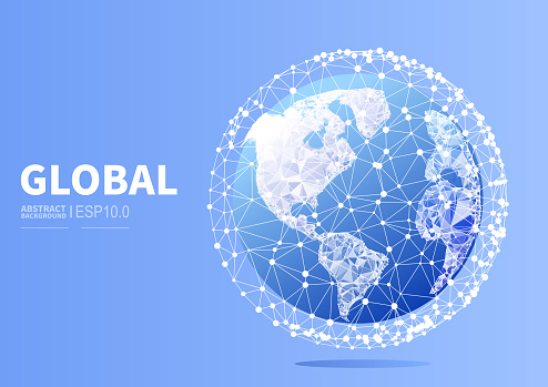 Earth and globe, vector polygonal dotted line globe, global business technology concept illustration