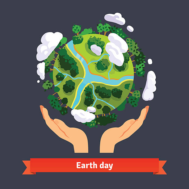 Earth day concept. Human hands holding globe Earth day concept. Human hands holding floating globe in space. Save our planet. Flat style vector isolated illustration. biosphere 2 stock illustrations