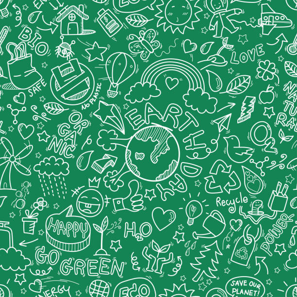 Earth day doodles seamless pattern background. hand drawn of Earth day, Ecology , go green, clean power doodle set isolated on green background, doodles sketch illustration vector Earth day doodles seamless pattern background. hand drawn of Earth day, Ecology , go green, clean power doodle set isolated on green background, doodles sketch illustration vector earth day stock illustrations