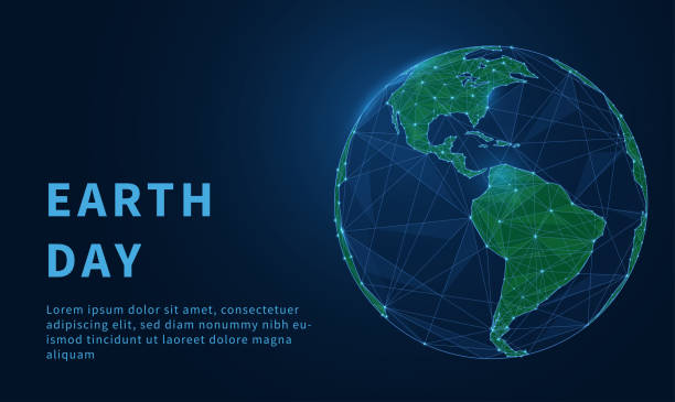 Earth Day, environment,save planet concept on blue background. Low poly style design. abstract geometric background. Digital vector world globe wireframe light connection structure. vector art illustration