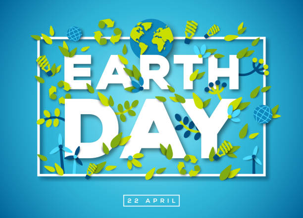 Earth day typography design on blue background Happy Earth day typography design with abstract leaves, papercut shapes and ecology icons. Vector illustration. Colorful environment elements thin square frame on blue background earth day stock illustrations